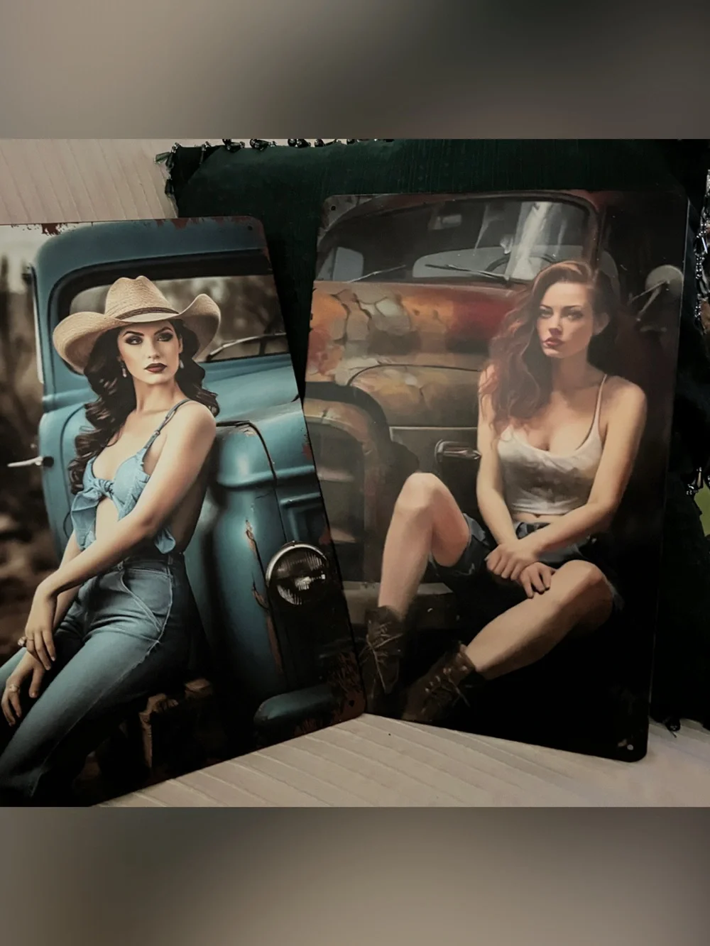 Beautiful Vintage Pin-Up Country Girl Metal Wall Art - Teal & Rust